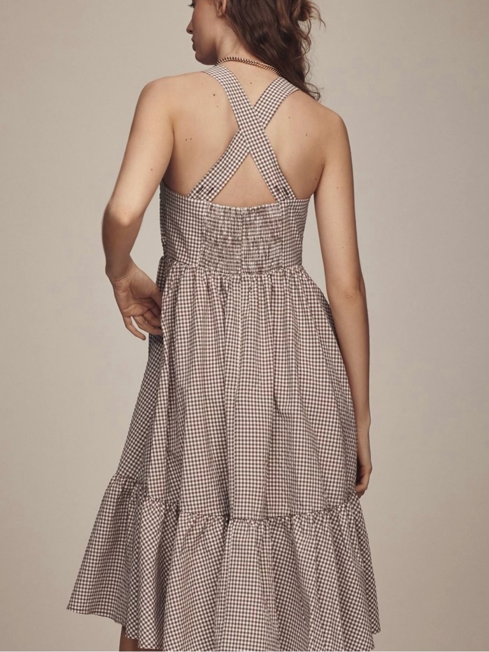 Maeve (by Anthropologie): Brown Gingham Tie-Front Midi Dress - Picture 8 of 8